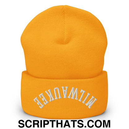 Upside Down Milwaukee Embroidered Cuffed Knit Beanie Gold