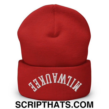 Upside Down Milwaukee Embroidered Cuffed Knit Beanie Red
