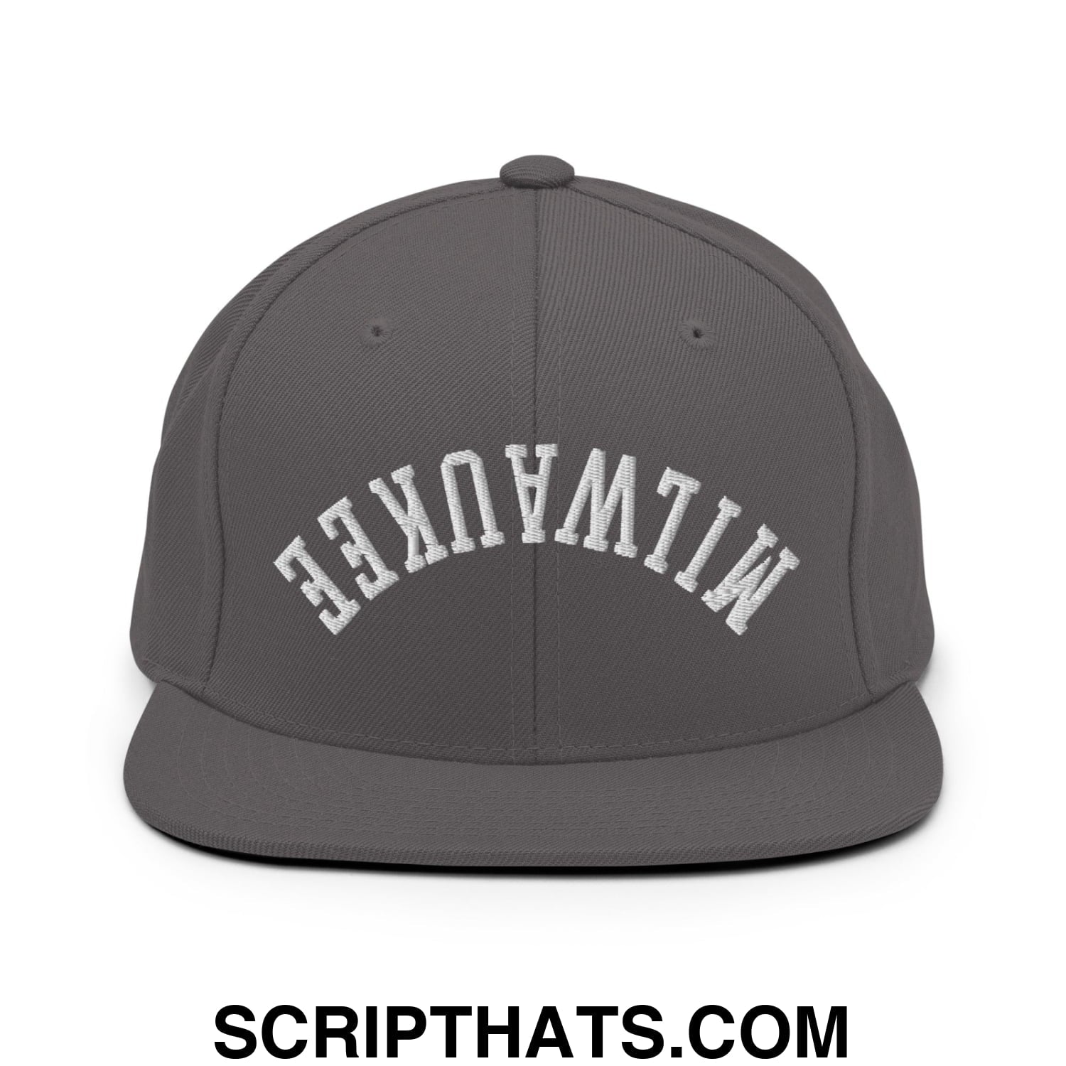 Upside Down Milwaukee Embroidered Flat Bill Brim Snapback Hat Dark Grey