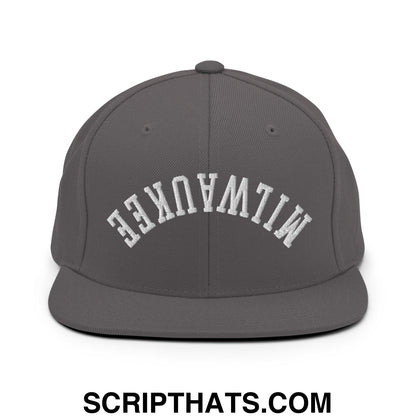 Upside Down Milwaukee Embroidered Flat Bill Brim Snapback Hat Dark Grey