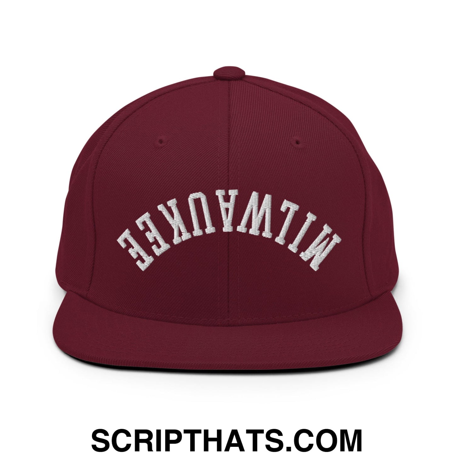 Upside Down Milwaukee Embroidered Flat Bill Brim Snapback Hat Maroon