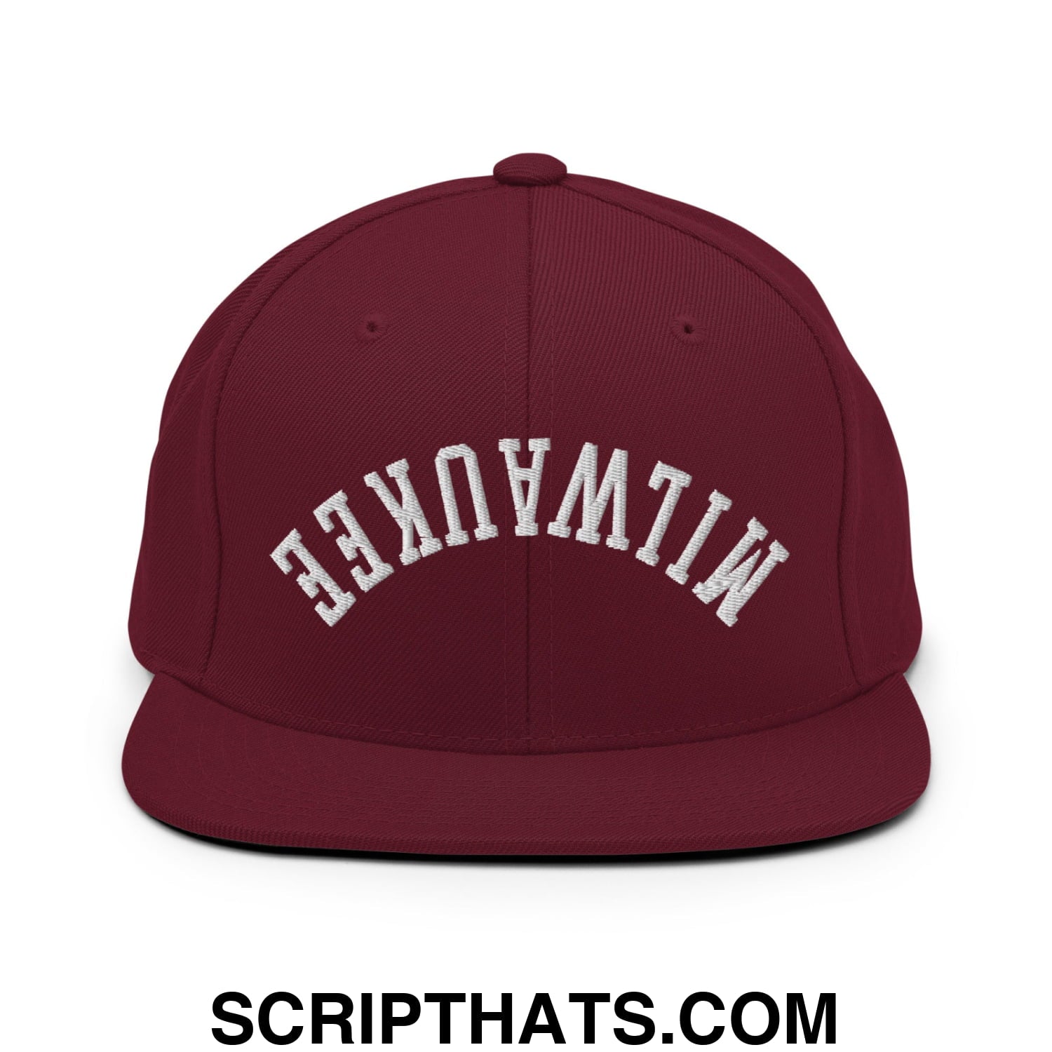 Upside Down Milwaukee Embroidered Flat Bill Brim Snapback Hat Maroon