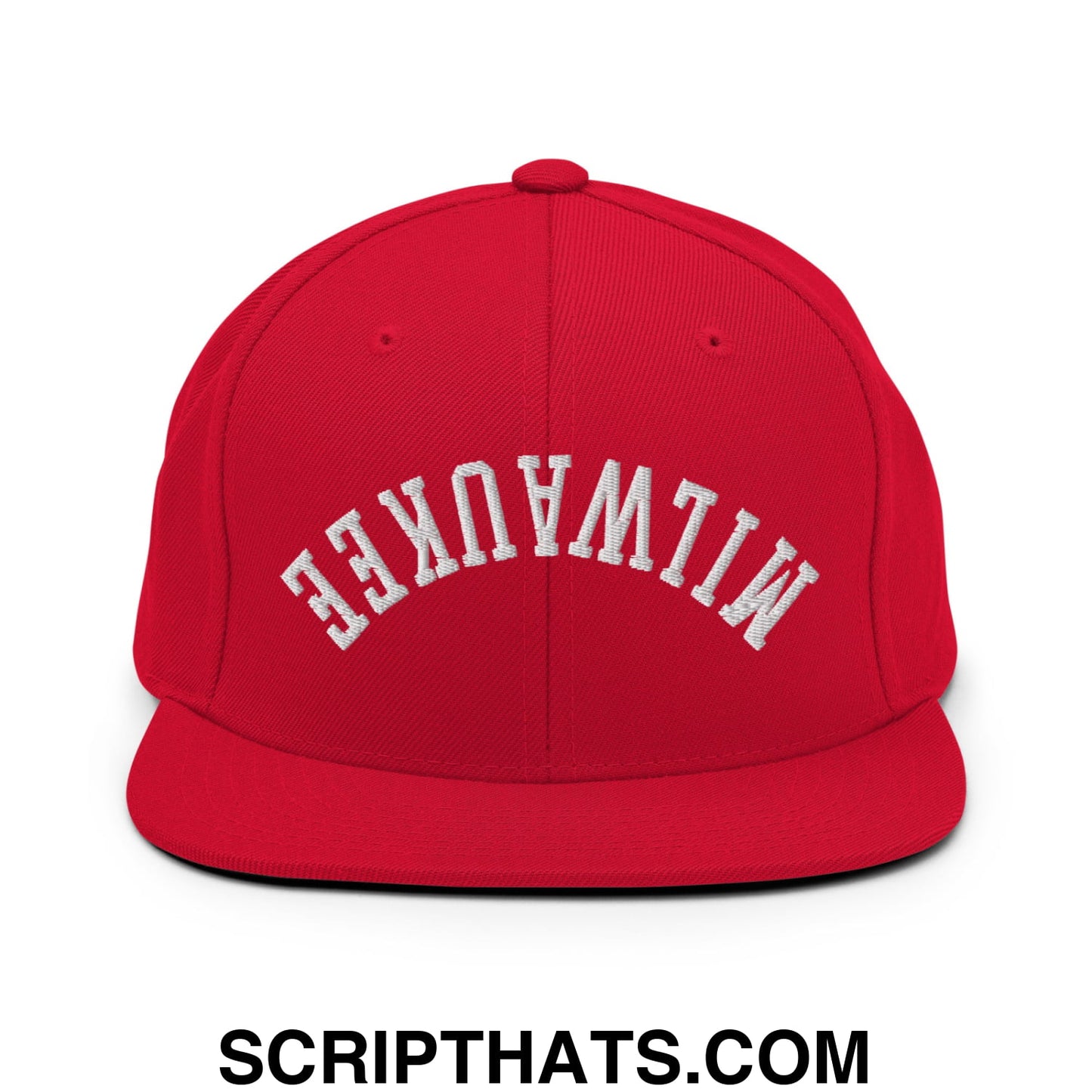 Upside Down Milwaukee Embroidered Flat Bill Brim Snapback Hat Red