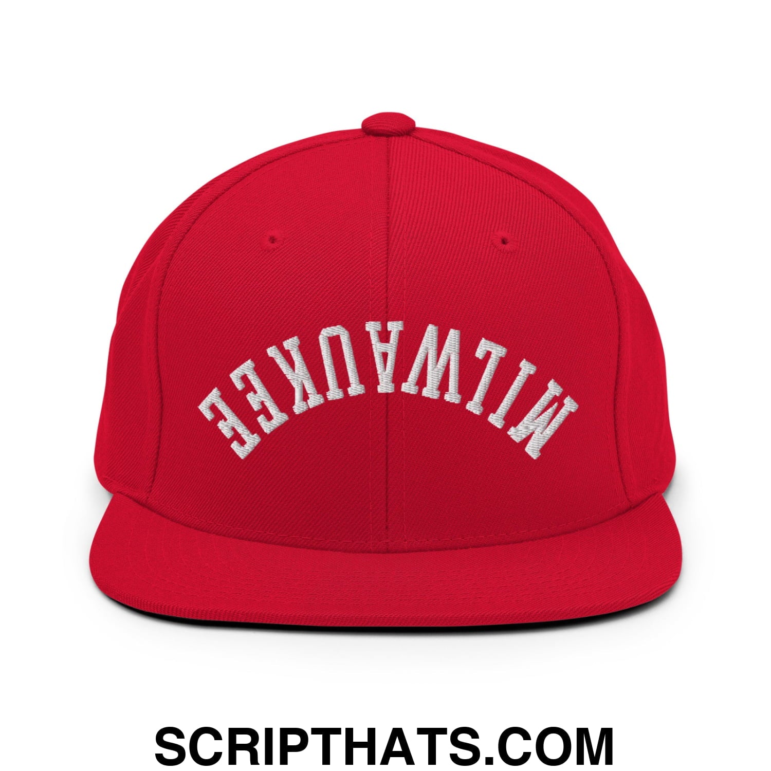 Upside Down Milwaukee Embroidered Flat Bill Brim Snapback Hat Red