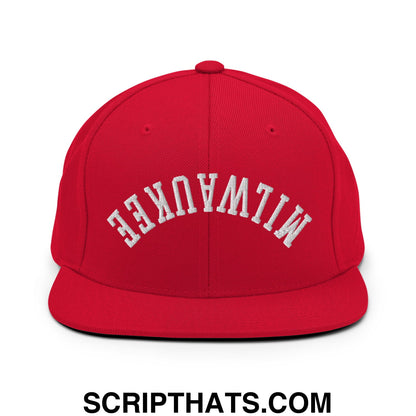 Upside Down Milwaukee Embroidered Flat Bill Brim Snapback Hat Red