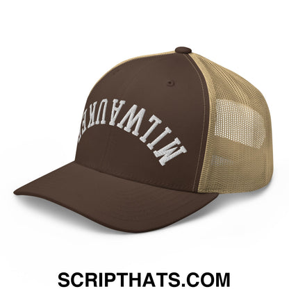 Upside Down Milwaukee Embroidered Mesh Trucker Hat Brown Khaki