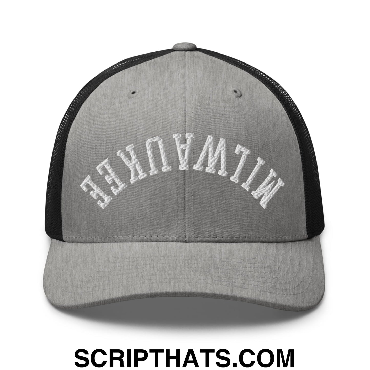 Upside Down Milwaukee Embroidered Mesh Trucker Hat Heather Black
