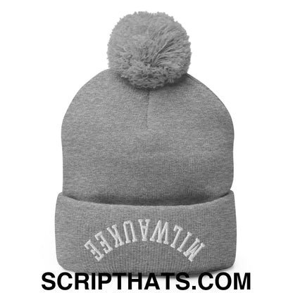 Upside Down Milwaukee Embroidered Pom Pom Knit Beanie Heather Grey