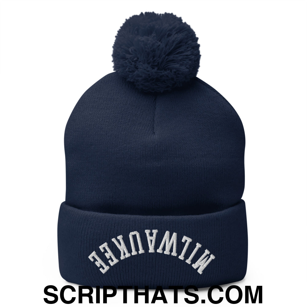 Upside Down Milwaukee Embroidered Pom Pom Knit Beanie Navy
