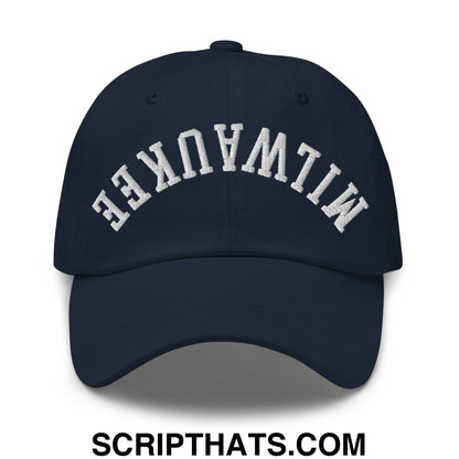 Upside Down Milwaukee Embroidered Unstructured Dad Hat Navy