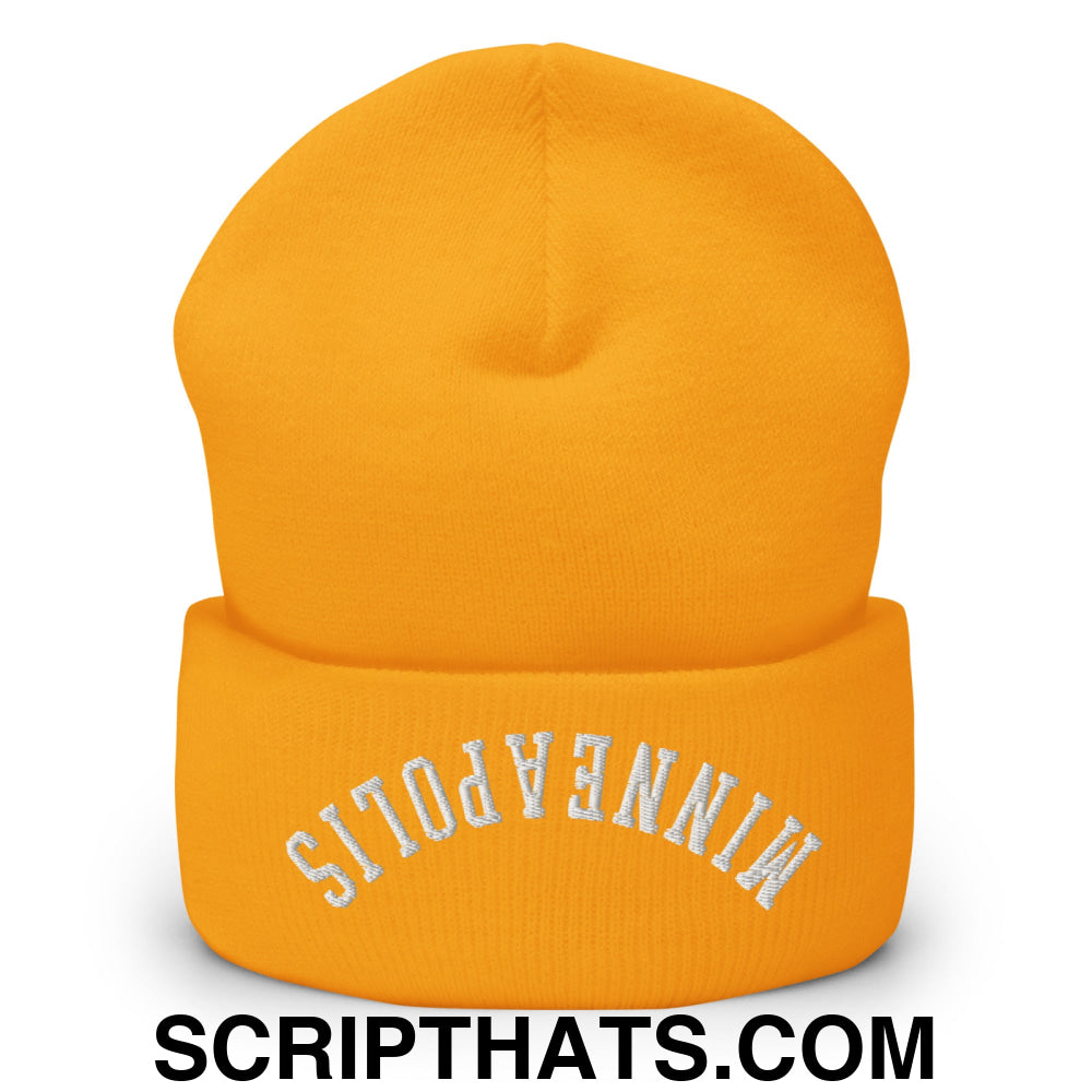 Upside Down Minneapolis Embroidered Cuffed Knit Beanie Gold