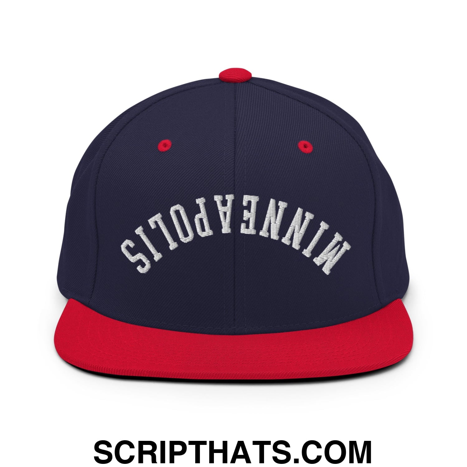 Upside Down Minneapolis Embroidered Flat Bill Brim Snapback Hat Navy Red