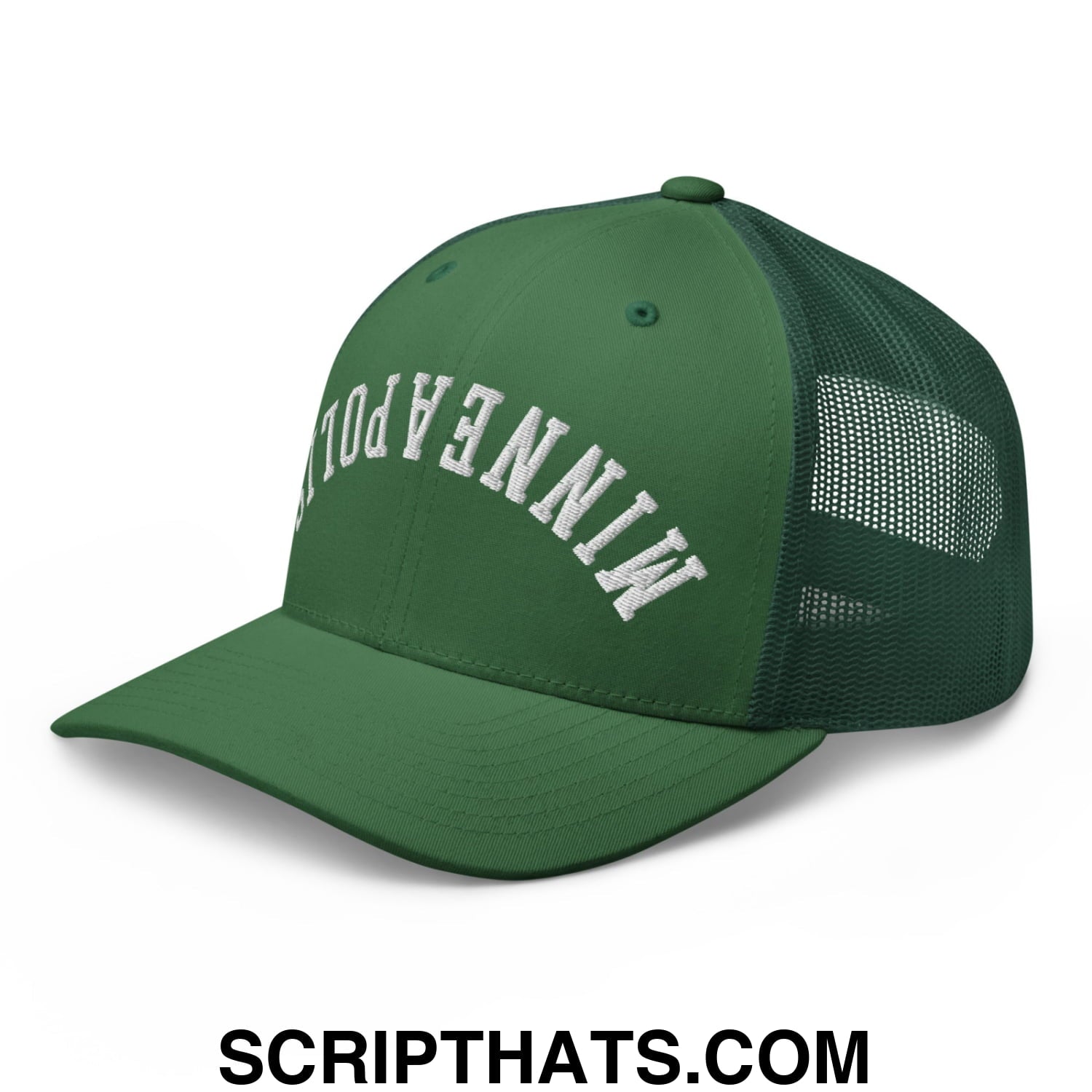 Upside Down Minneapolis Embroidered Mesh Trucker Hat Evergreen