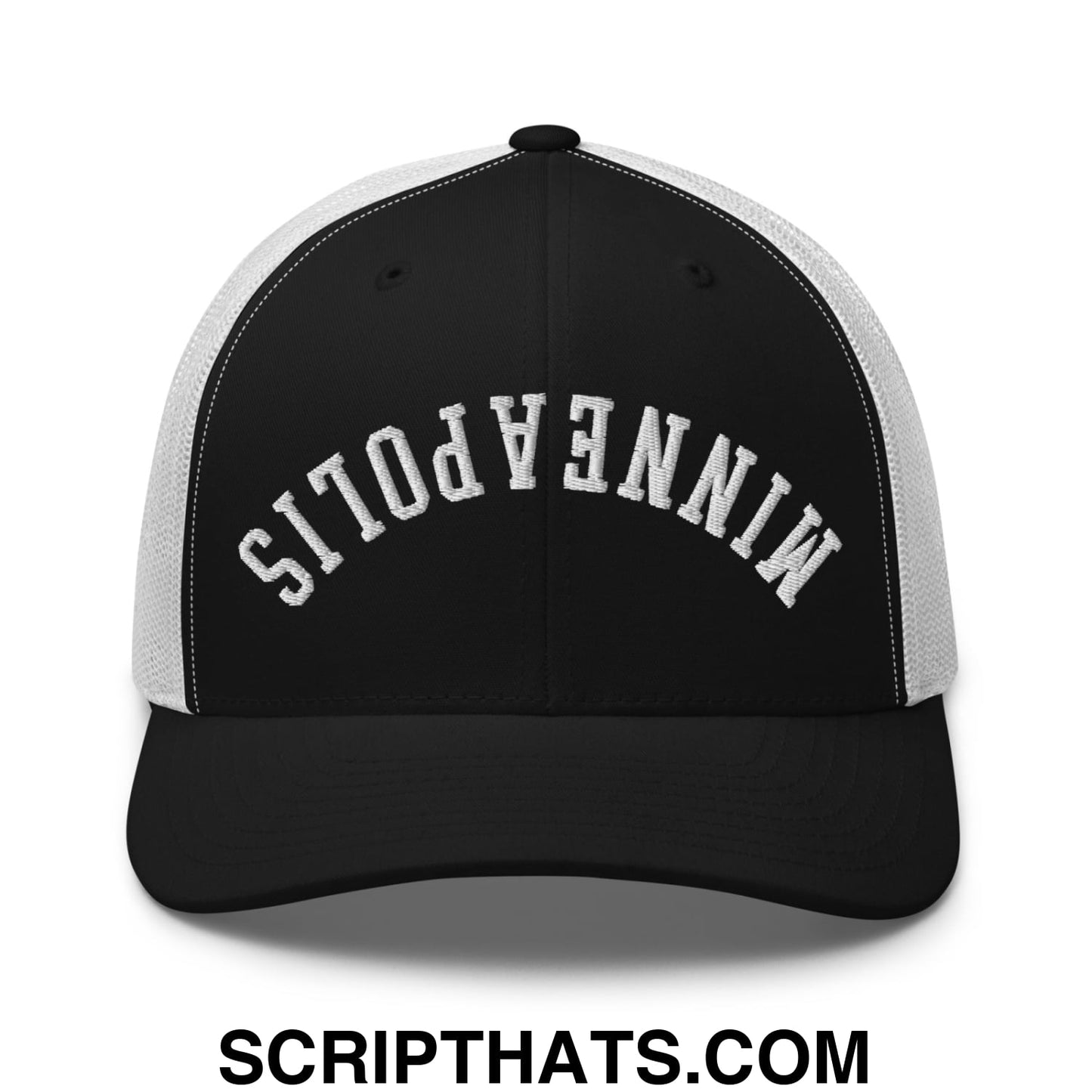 Upside Down Minneapolis Embroidered Mesh Trucker Hat Black White