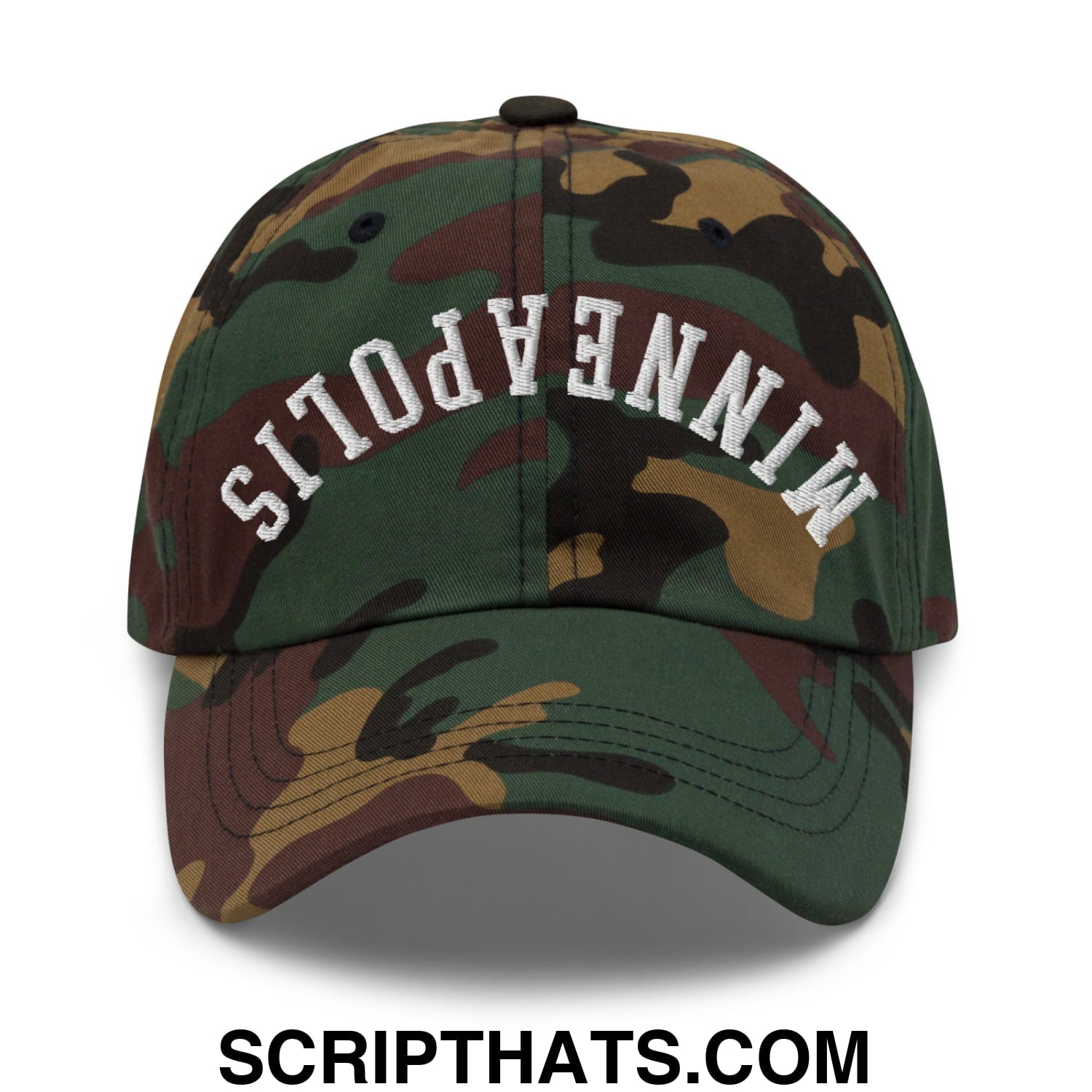 Upside Down Minneapolis Embroidered Unstructured Dad Hat Green Camo