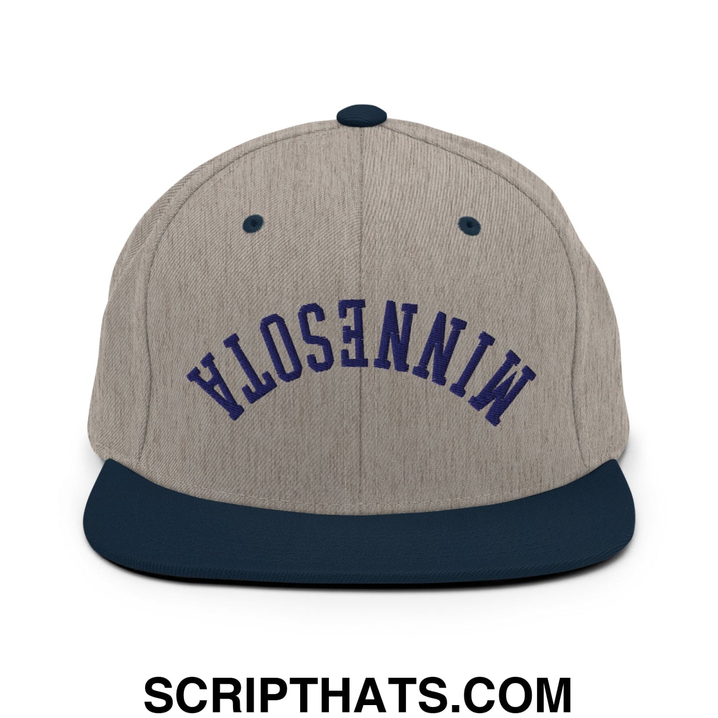 Upside Down Minnesota Basketball Embroidered Flat Bill Brim Snapback Hat Heather Grey Navy