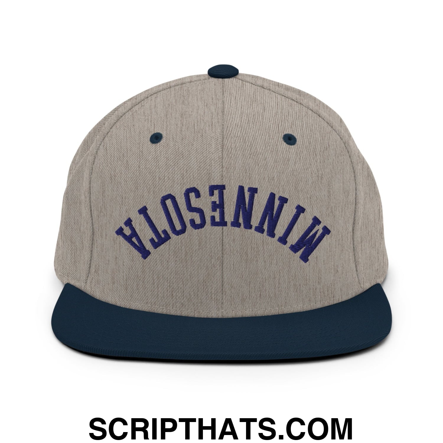 Upside Down Minnesota Basketball Embroidered Flat Bill Brim Snapback Hat Heather Grey Navy