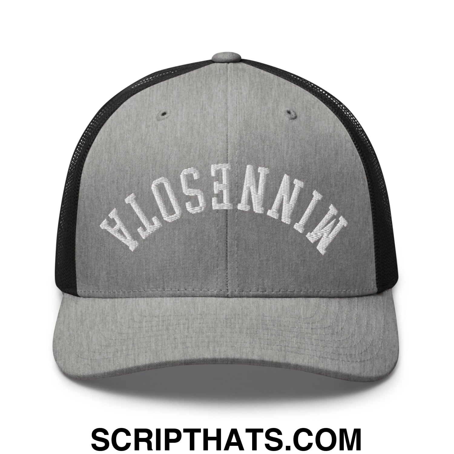 Upside Down Minnesota Embroidered Mesh Trucker Hat Heather Black