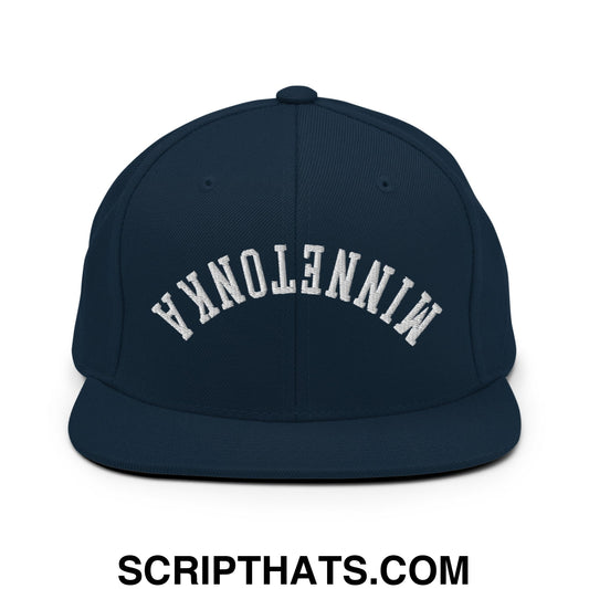 Navy blue snapback cap with white embroidered minnesota arch on front flat bill brim for casual wear