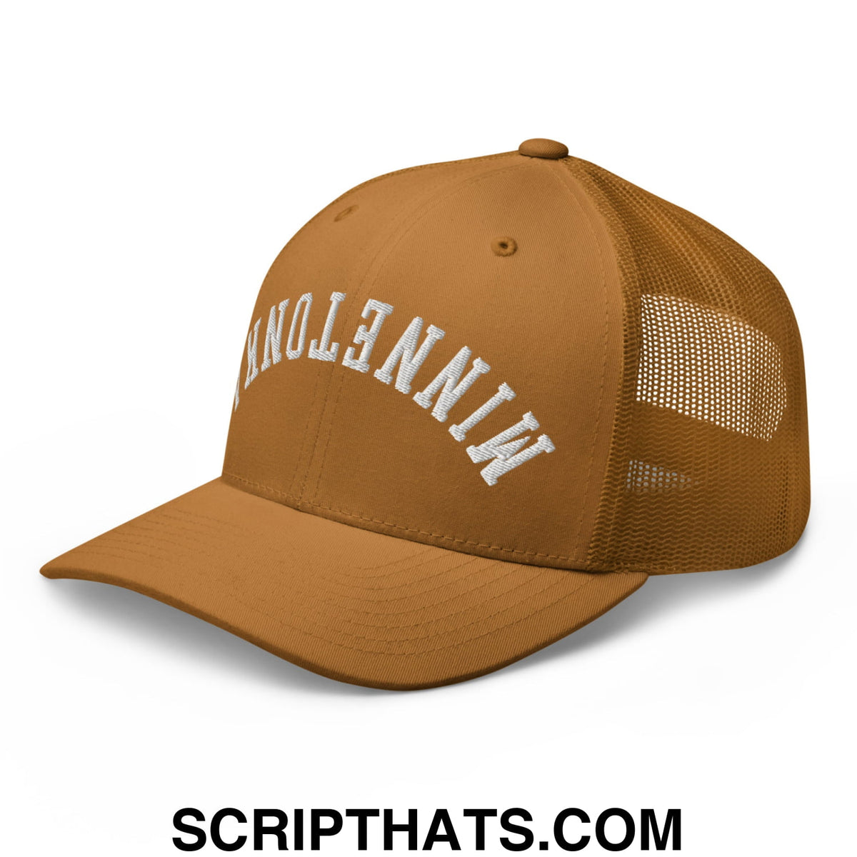 Tan mesh trucker hat with white embroidered minneapolis arch front in upside down minnetonka design