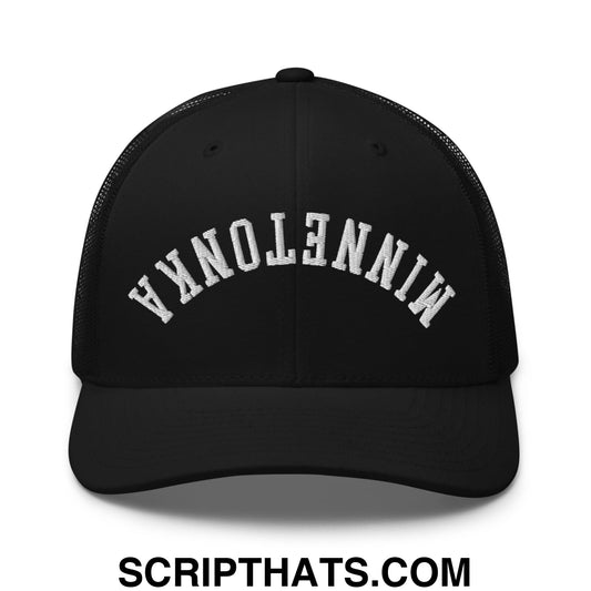 Black mesh trucker hat with white embroidered minnesota lettering front in upside down minnetonka design