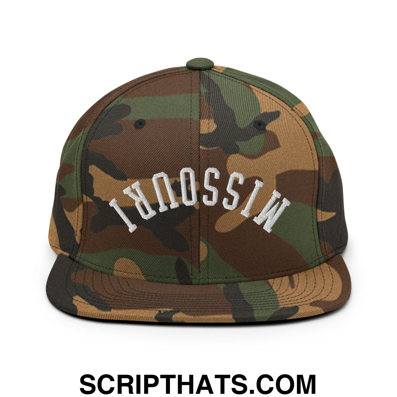 Upside Down Missouri Embroidered Flat Bill Brim Snapback Hat Green Camo
