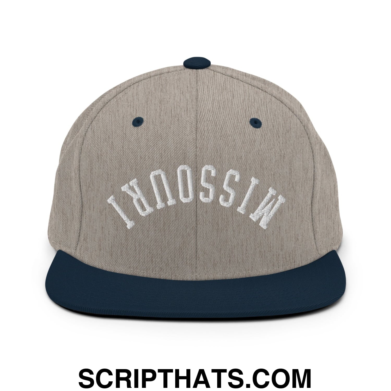 Upside Down Missouri Embroidered Flat Bill Brim Snapback Hat Heather Grey Navy