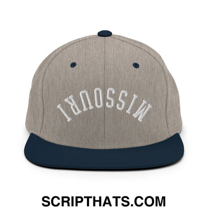 Upside Down Missouri Embroidered Flat Bill Brim Snapback Hat Heather Grey Navy