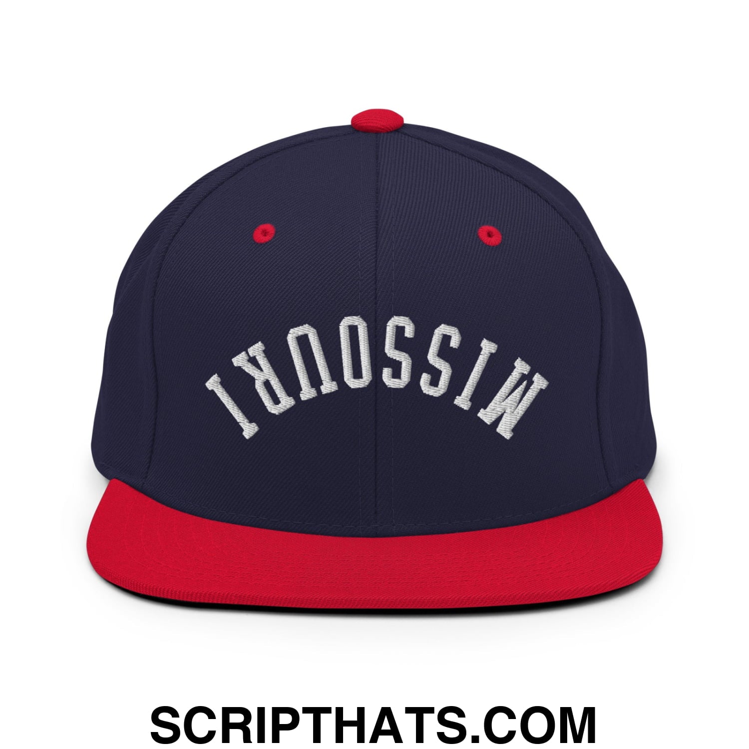 Upside Down Missouri Embroidered Flat Bill Brim Snapback Hat Navy Red