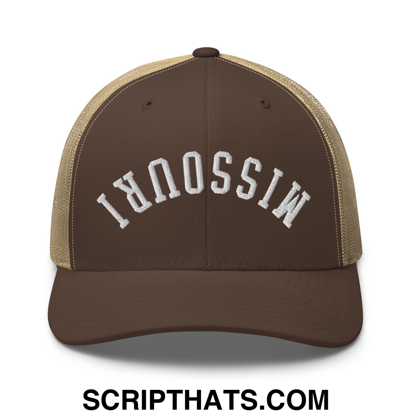 Upside Down Missouri Embroidered Mesh Trucker Hat Brown Khaki