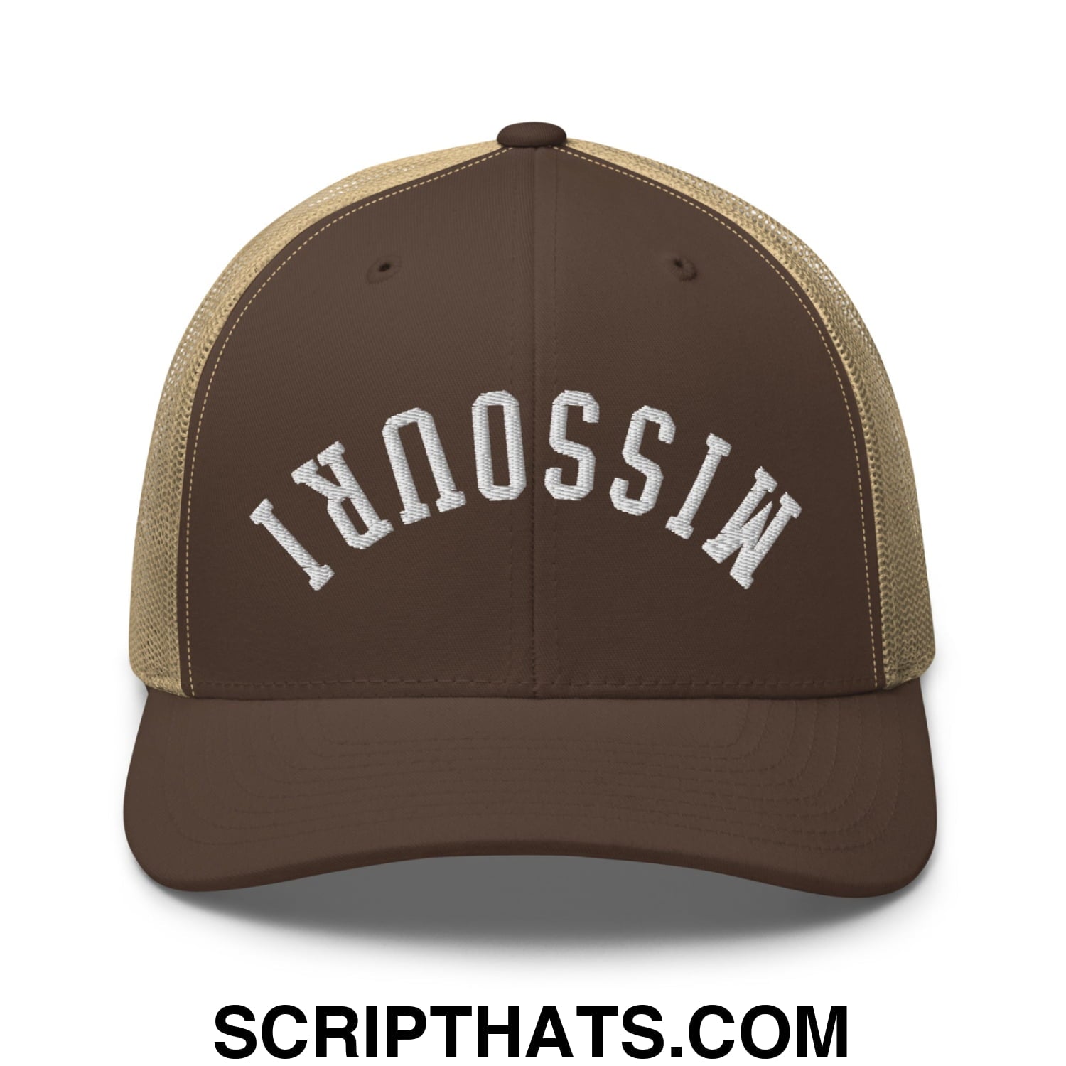 Upside Down Missouri Embroidered Mesh Trucker Hat Brown Khaki