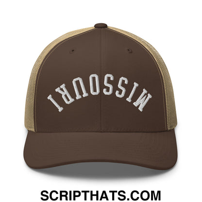 Upside Down Missouri Embroidered Mesh Trucker Hat Brown Khaki