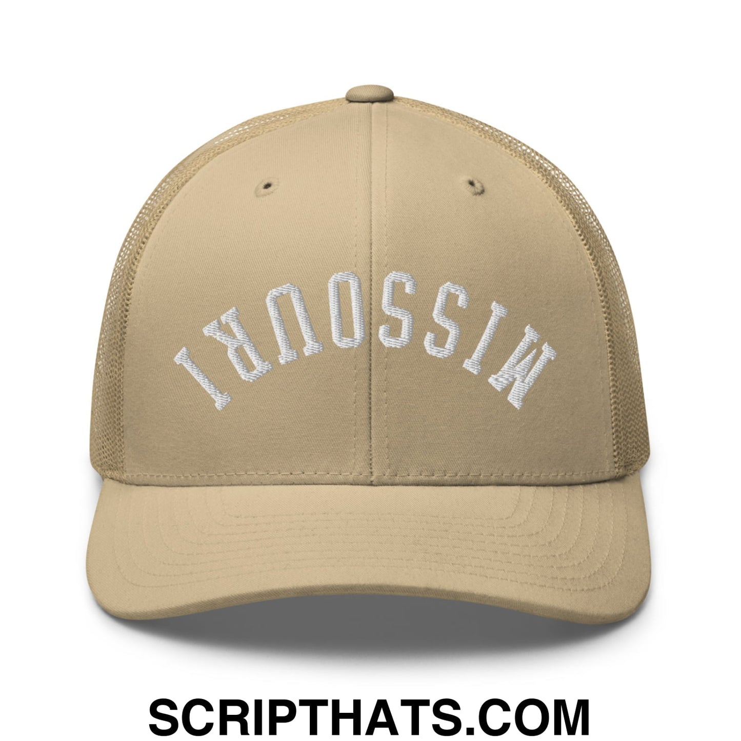 Upside Down Missouri Embroidered Mesh Trucker Hat Khaki