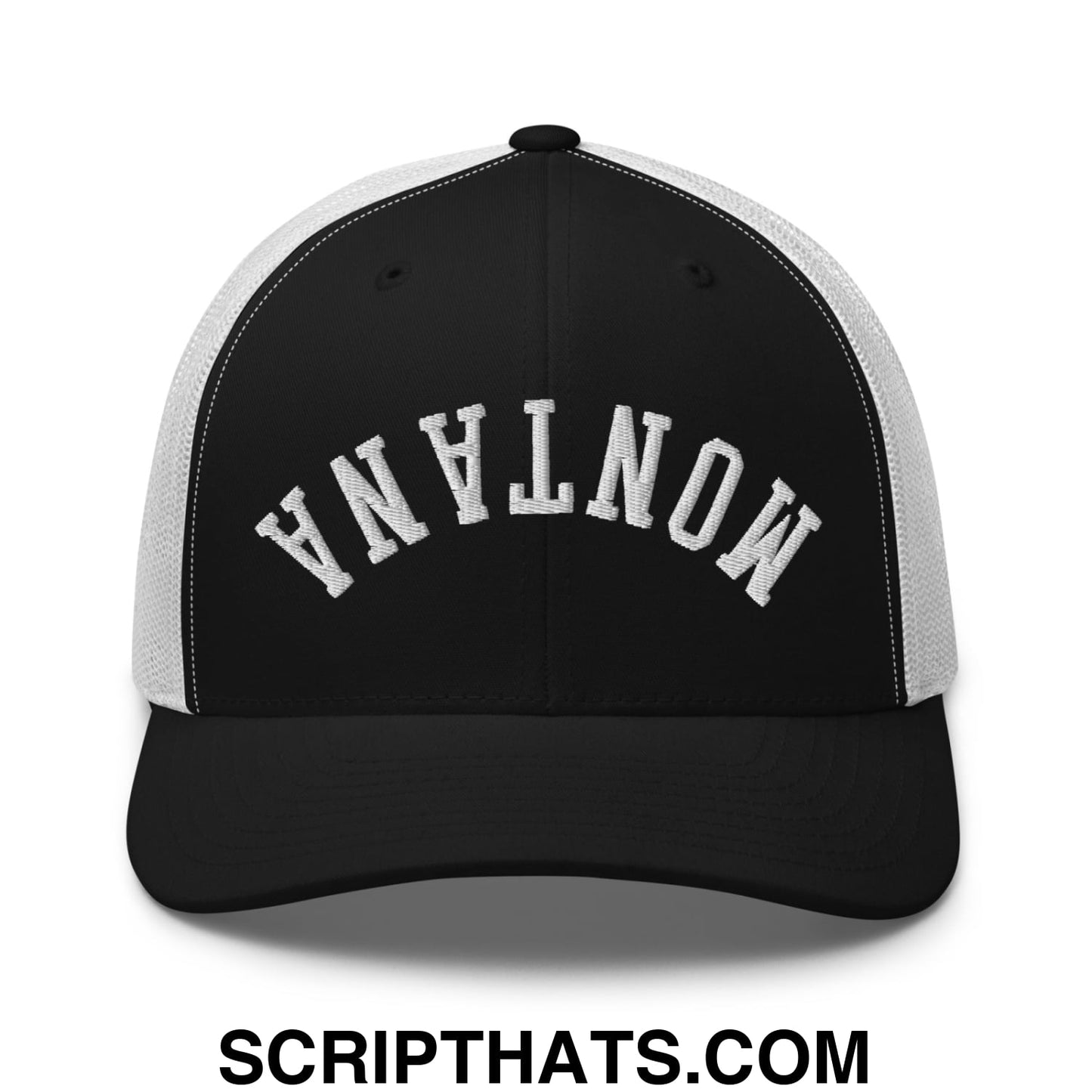 Upside Down Montana Embroidered Mesh Trucker Hat Black White