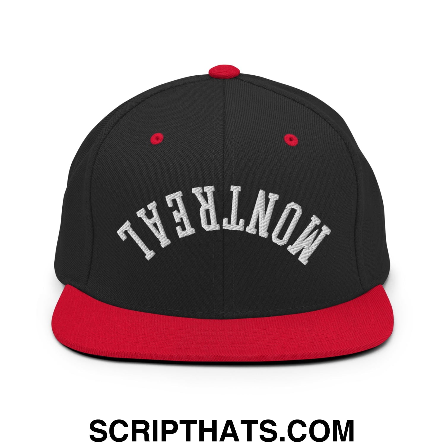 Upside Down Montreal Embroidered Flat Bill Brim Snapback Hat Black Red