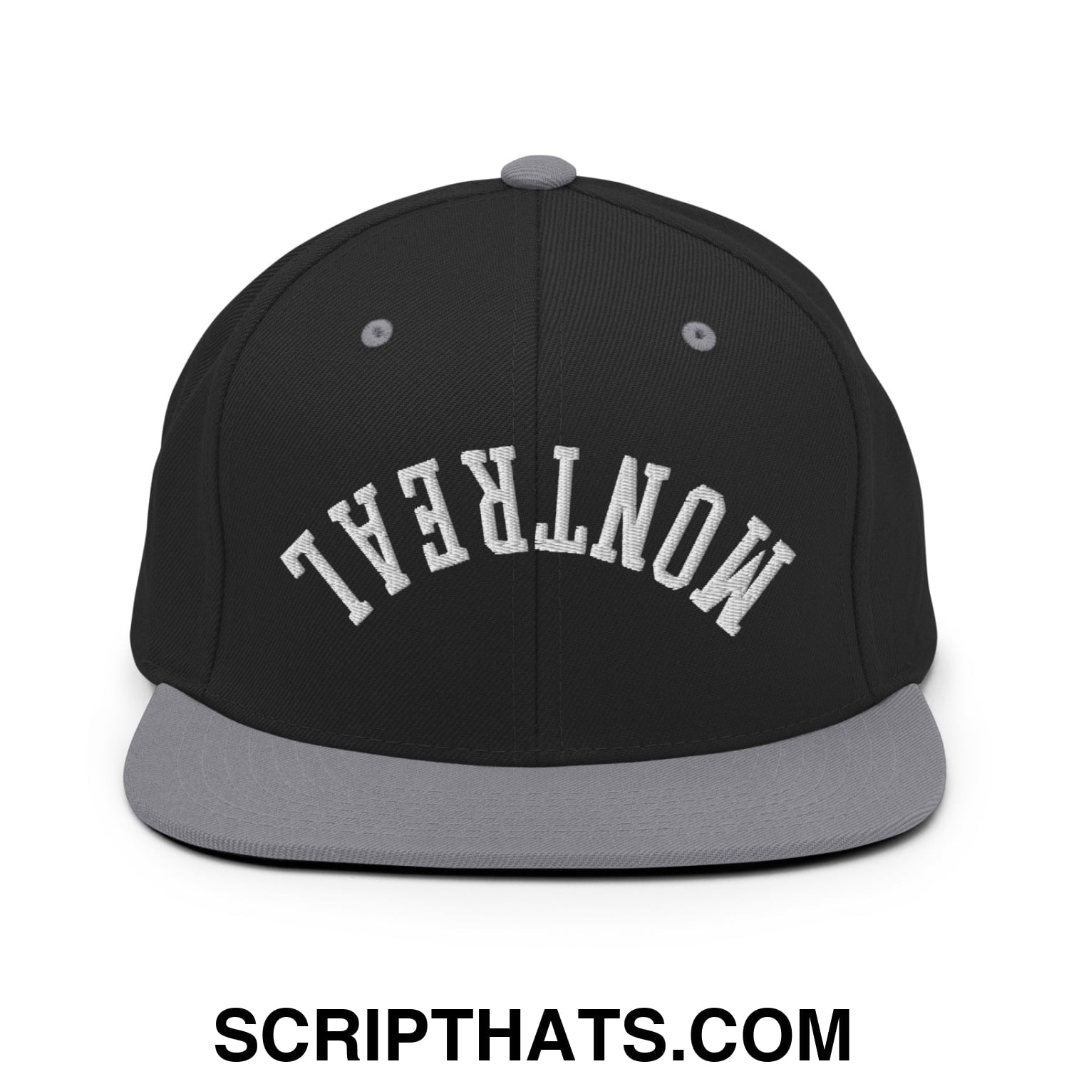 Upside Down Montreal Embroidered Flat Bill Brim Snapback Hat Black Silver