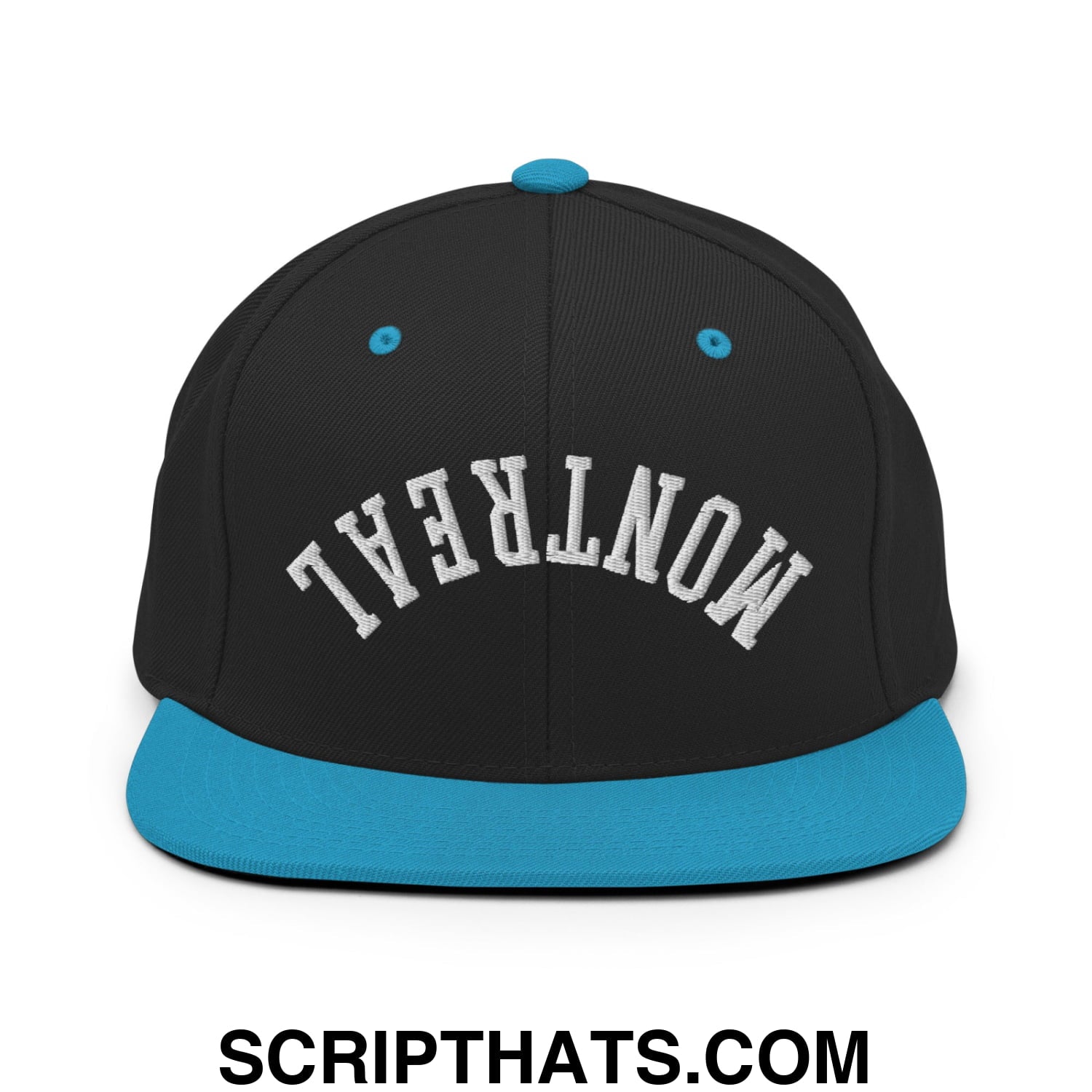Upside Down Montreal Embroidered Flat Bill Brim Snapback Hat Black Teal