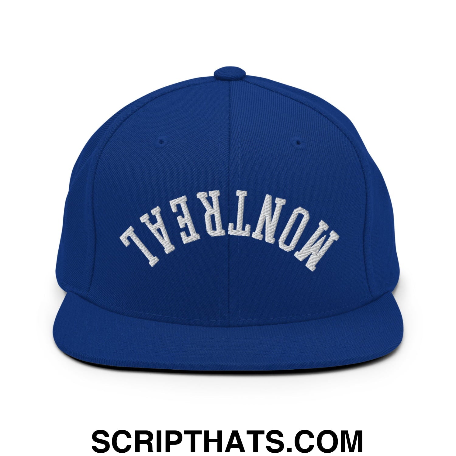 Upside Down Montreal Embroidered Flat Bill Brim Snapback Hat Royal Blue