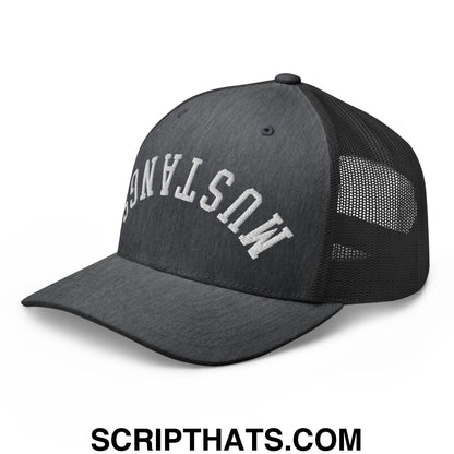 Black mesh trucker hat with white embroidered mustang lettering and upside down mustangs design on front panel