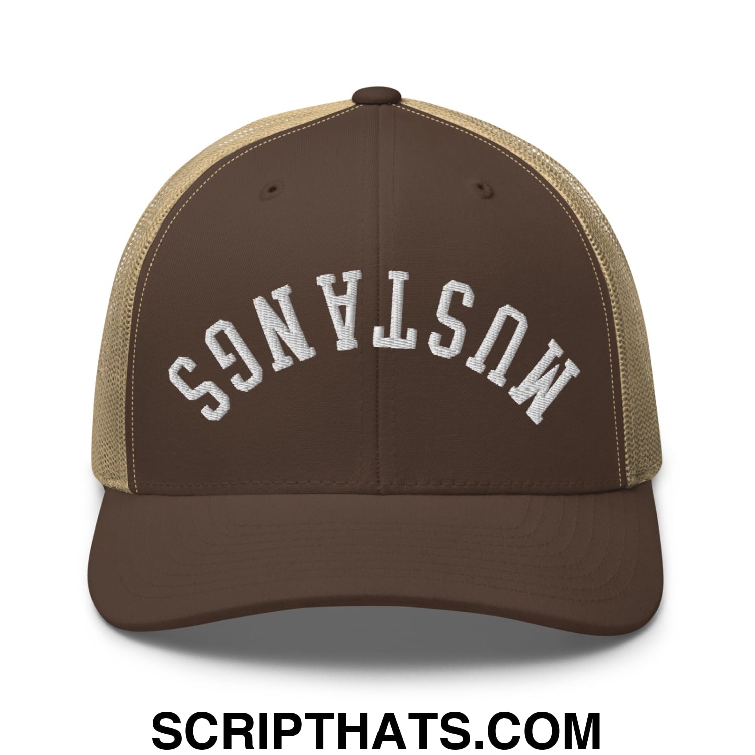 Brown and tan mesh trucker hat with white embroidered mustangs lettering upside down design