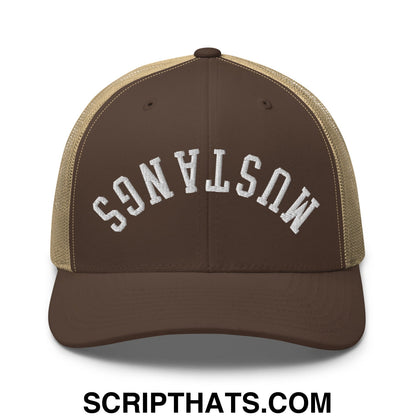 Brown and tan mesh trucker hat with white embroidered mustangs lettering upside down design