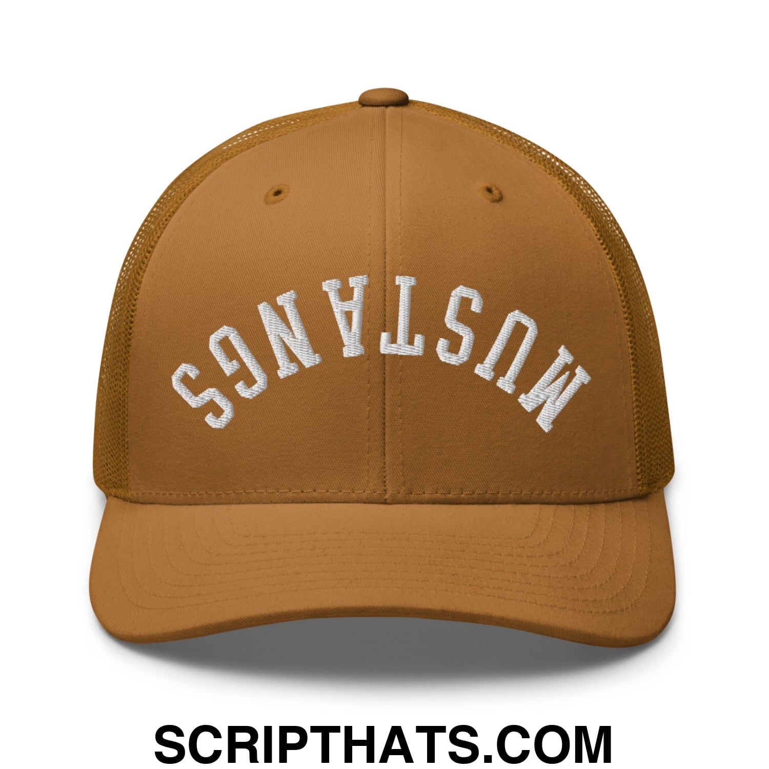 A tan mesh trucker hat with white embroidered mustangs lettering across the front panel