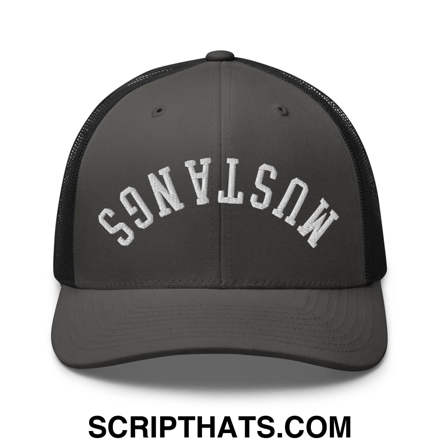 Dark gray mesh trucker hat with white embroidered mustangs lettering across the front in upside down style
