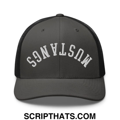 Dark gray mesh trucker hat with white embroidered mustangs lettering across the front in upside down style