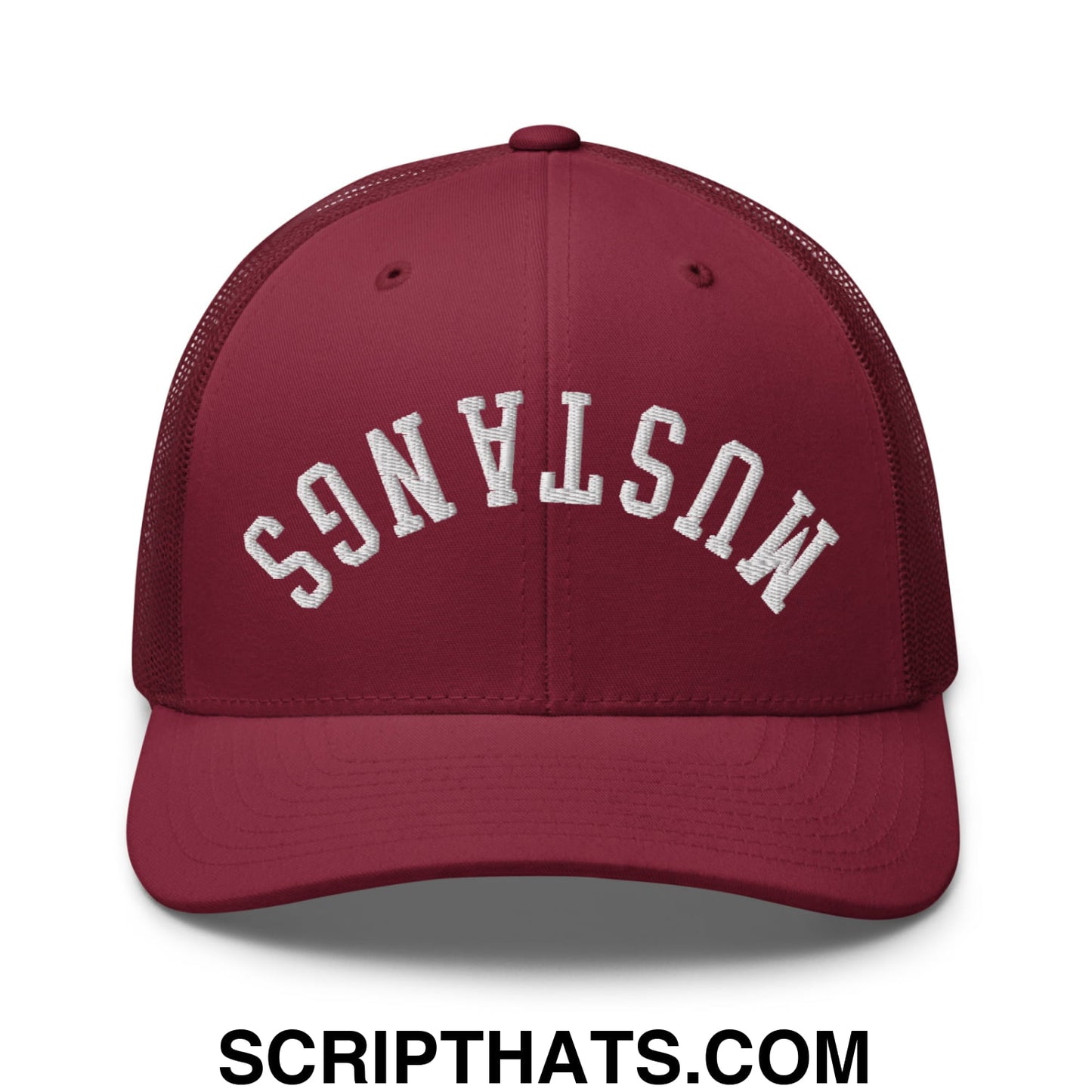 Maroon mesh trucker hat with white embroidered mustangs lettering on the front from Upside Down collection