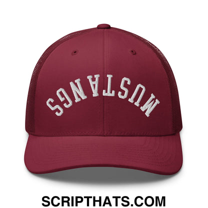 Maroon mesh trucker hat with white embroidered mustangs lettering on the front from Upside Down collection