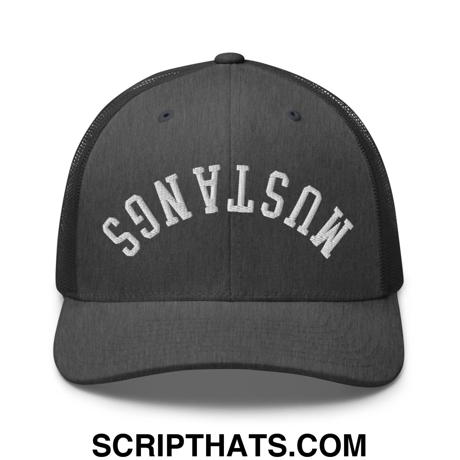 Black mesh trucker hat with white embroidered mustangs lettering in an arched design titled upside down mustangs