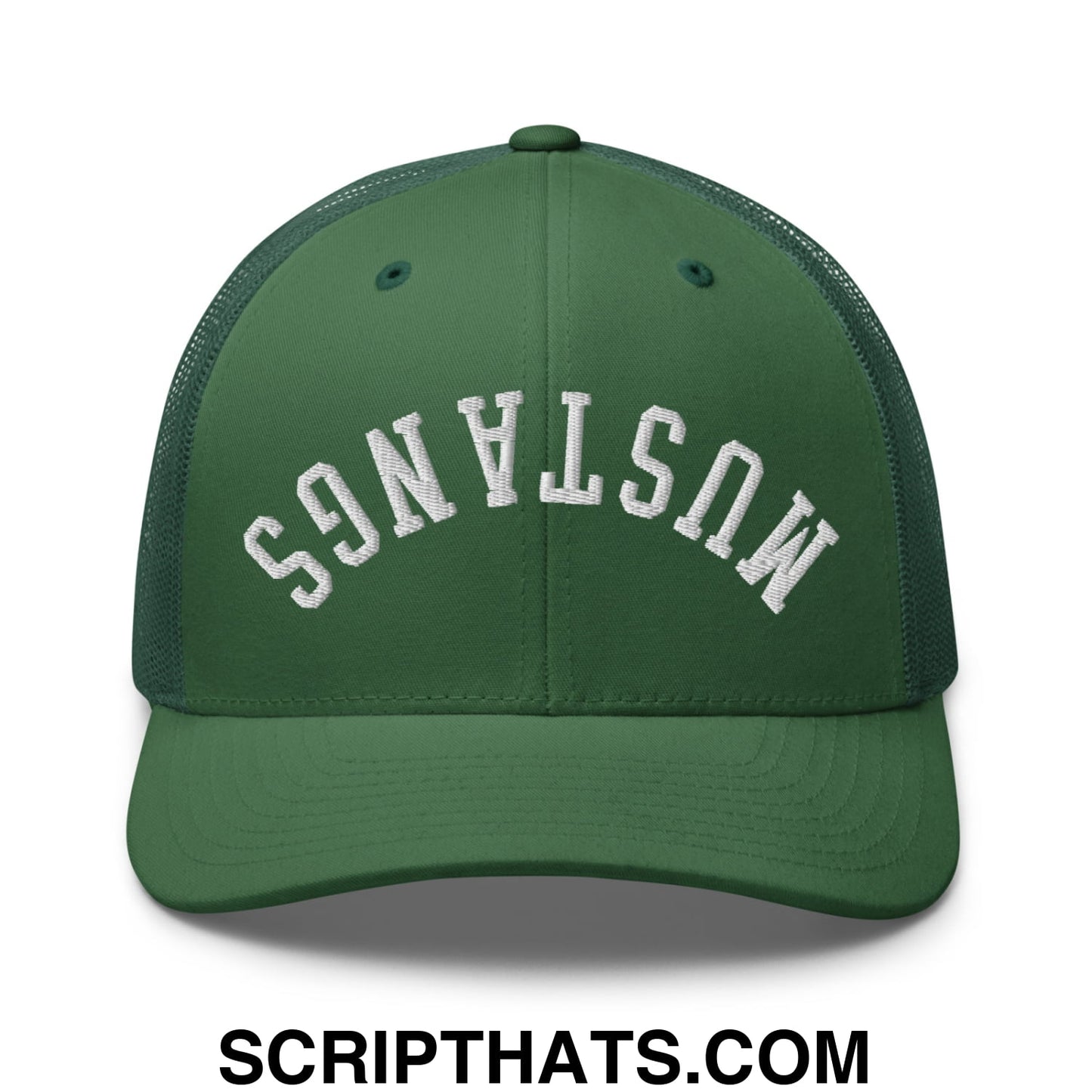 Dark green mesh trucker hat with white embroidered mustangs lettering upside down on the front panel