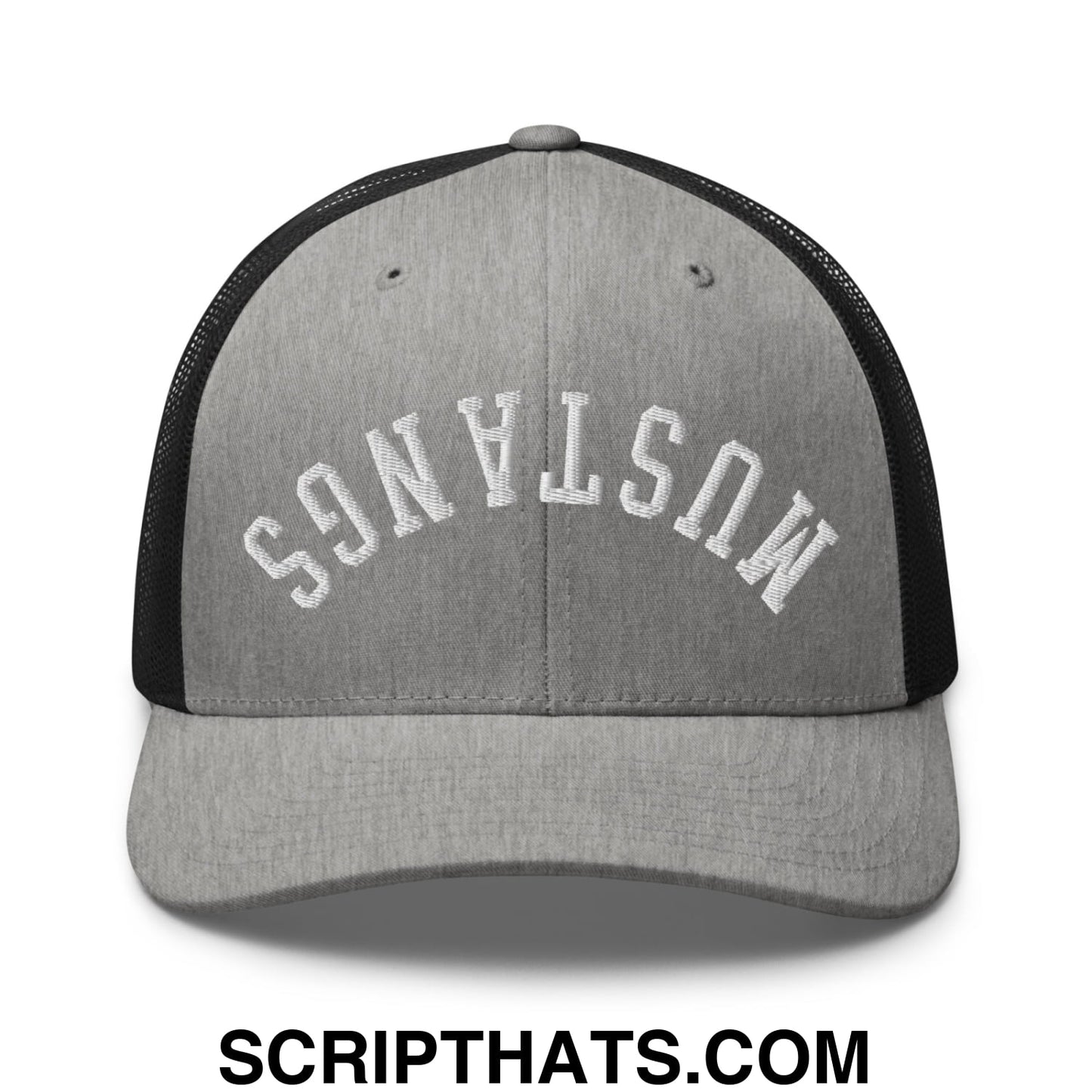 Gray and black mesh trucker hat with mustangs embroidered in white arched lettering across the front