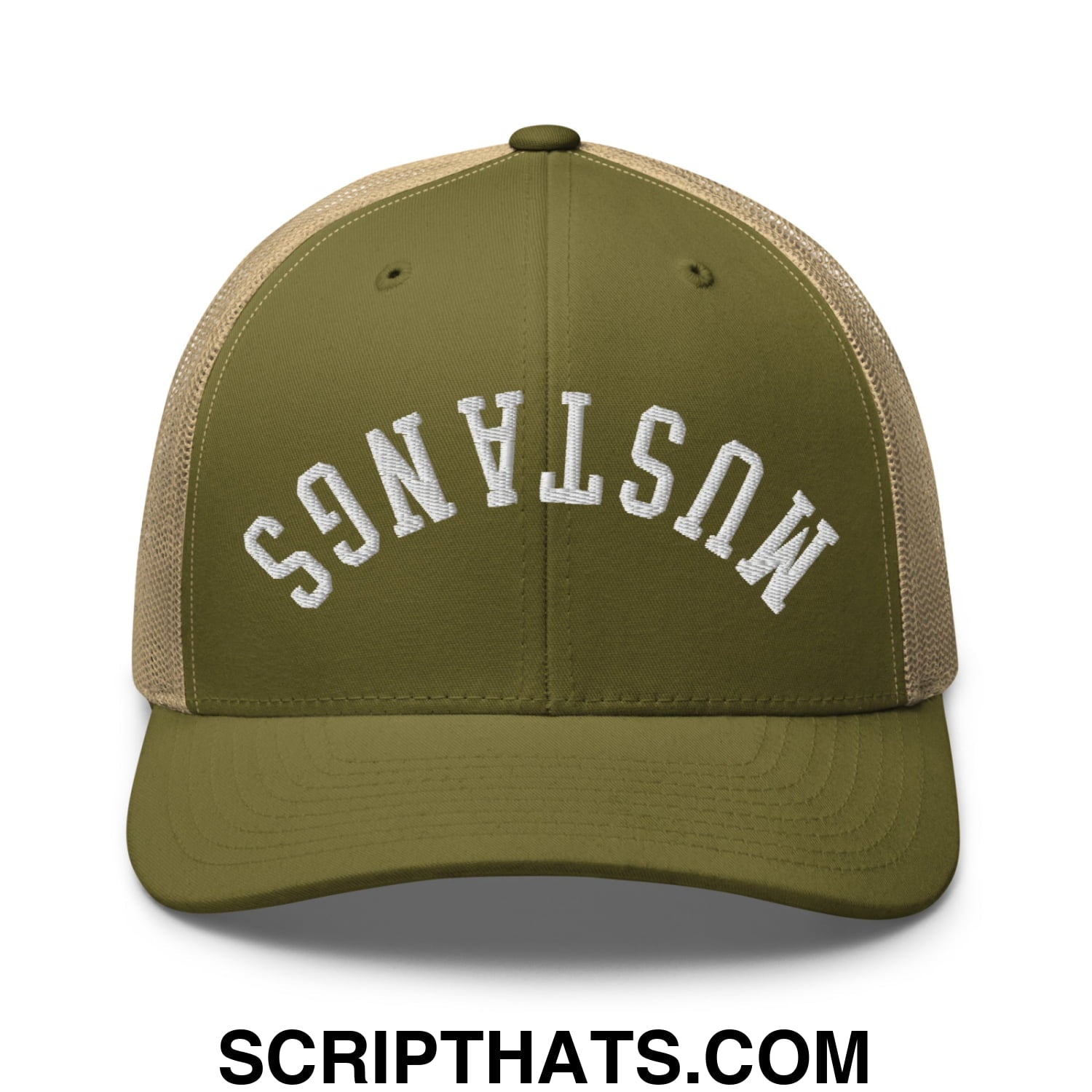 Olive green and tan mesh trucker hat with white embroidered mustangs lettering upside down design
